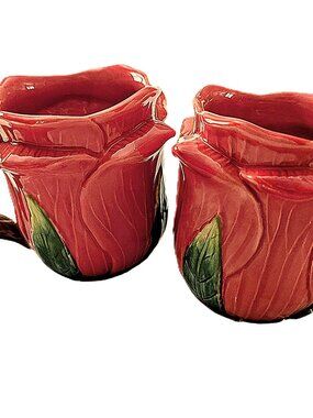 Corner Ruby Red Rose Flower 2 Ceramic Mugs New